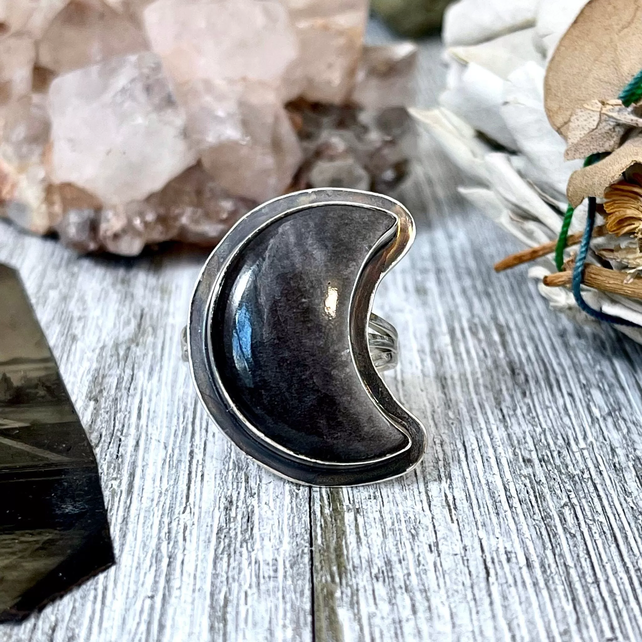 Crescent Moon Silver Sheen Obsidian Crystal Ring in Sterling Silver- Designed by FOXLARK Collection Size 5 6 7 8 9 10 11 / Gothic Jewelry