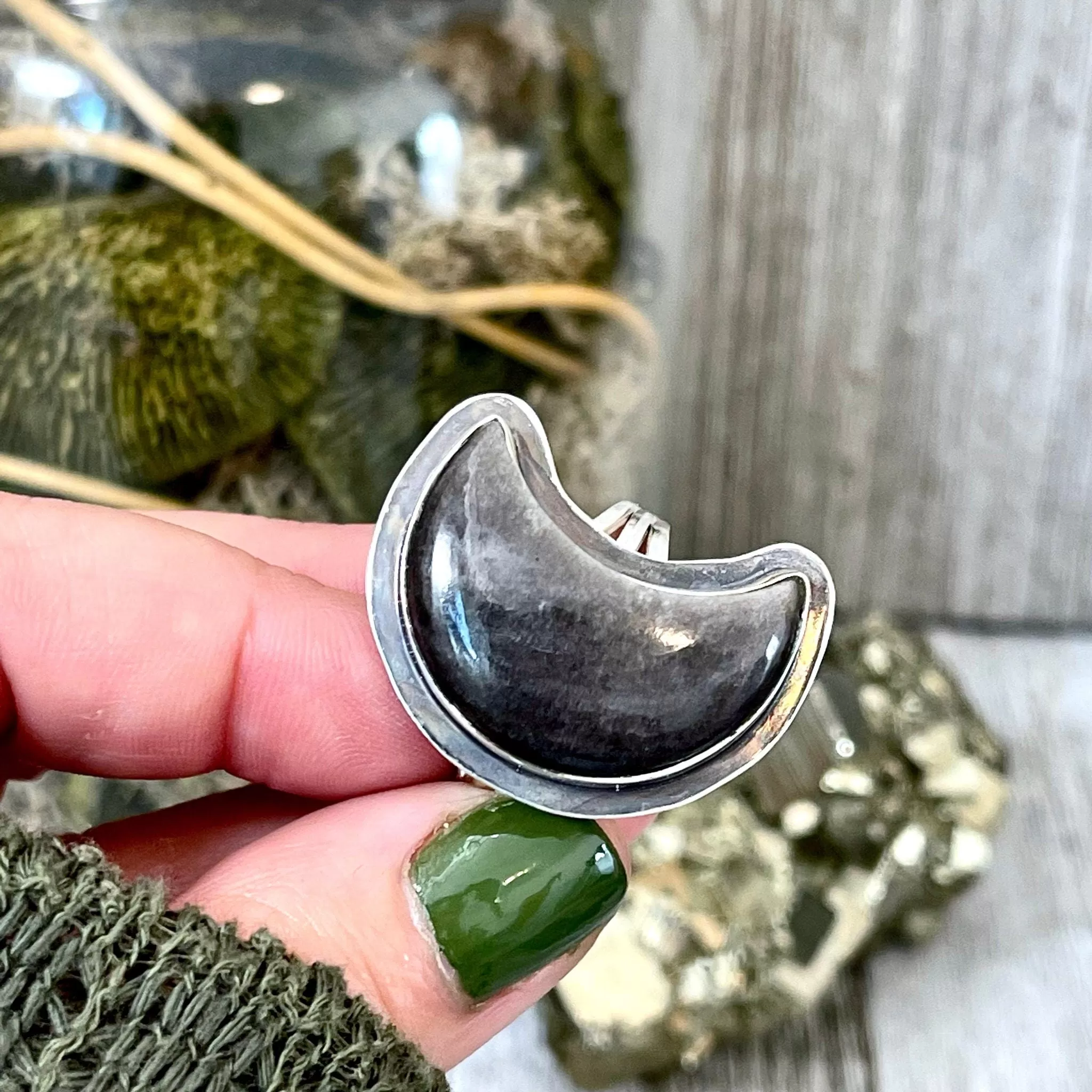 Crescent Moon Silver Sheen Obsidian Crystal Ring in Sterling Silver- Designed by FOXLARK Collection Size 5 6 7 8 9 10 11 / Gothic Jewelry