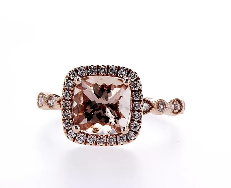 Cushion Cut Morganite Diamond Halo  Ring (8X8mm)