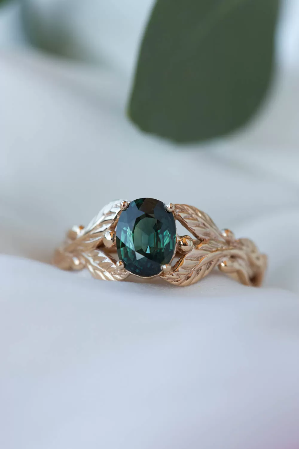 Dark teal sapphire bridal ring set, nature inspired gold engagement ring set / Cornus