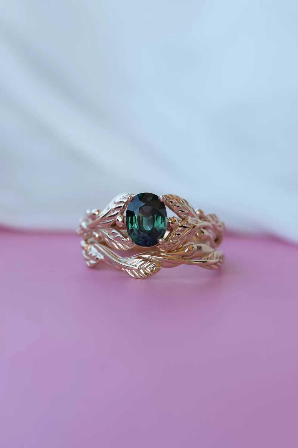 Dark teal sapphire bridal ring set, nature inspired gold engagement ring set / Cornus