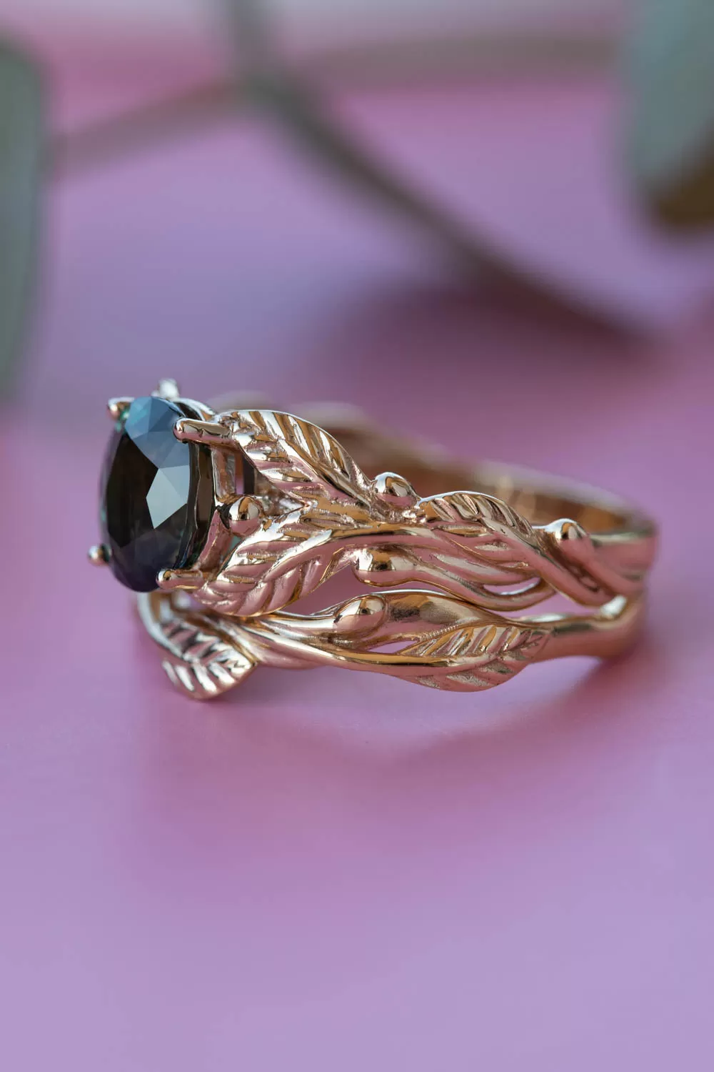 Dark teal sapphire bridal ring set, nature inspired gold engagement ring set / Cornus