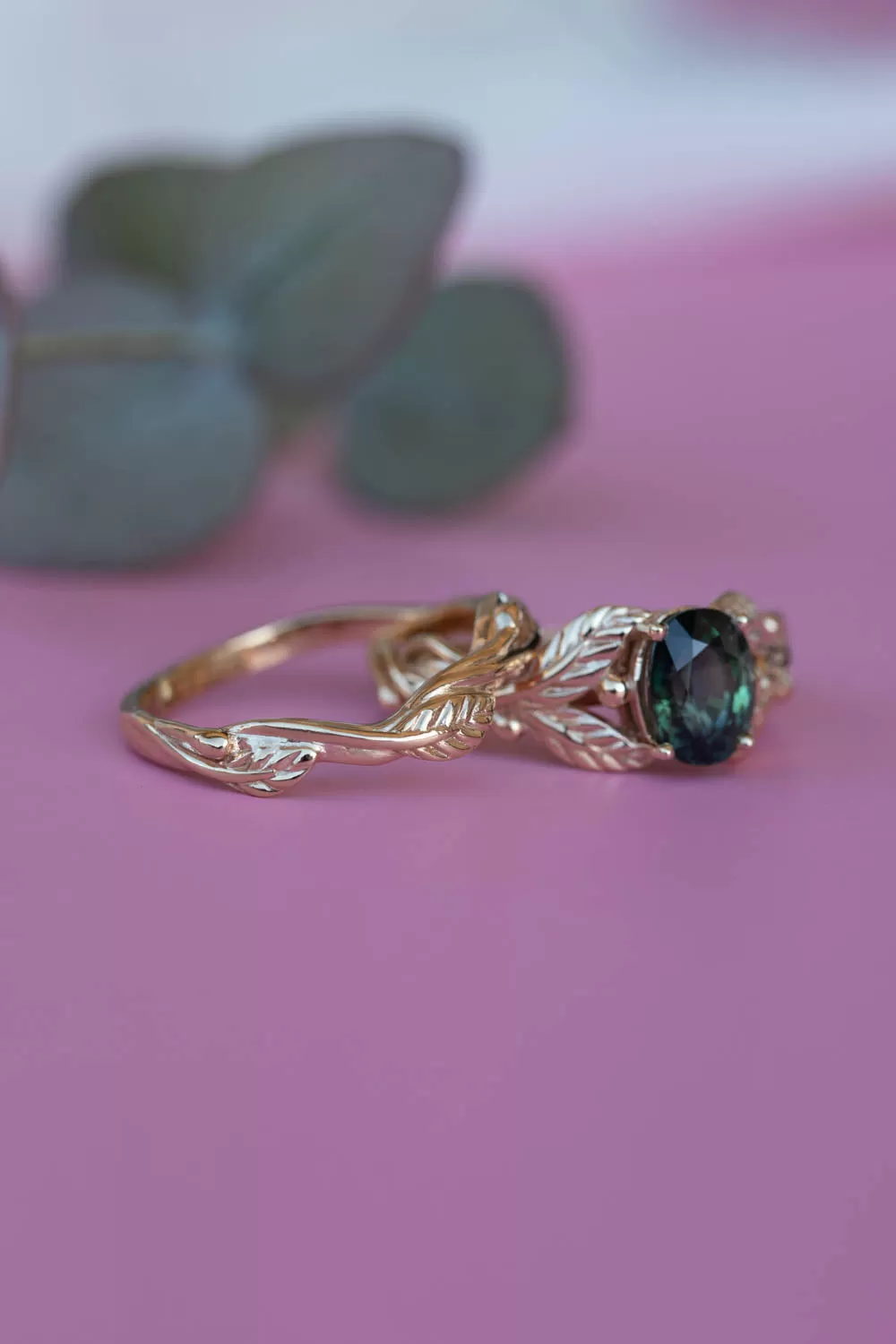 Dark teal sapphire bridal ring set, nature inspired gold engagement ring set / Cornus