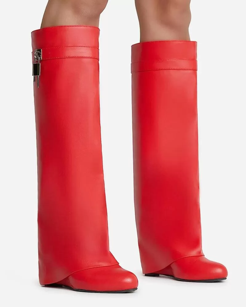 Decorative Lock Knee High Fold Over Boots