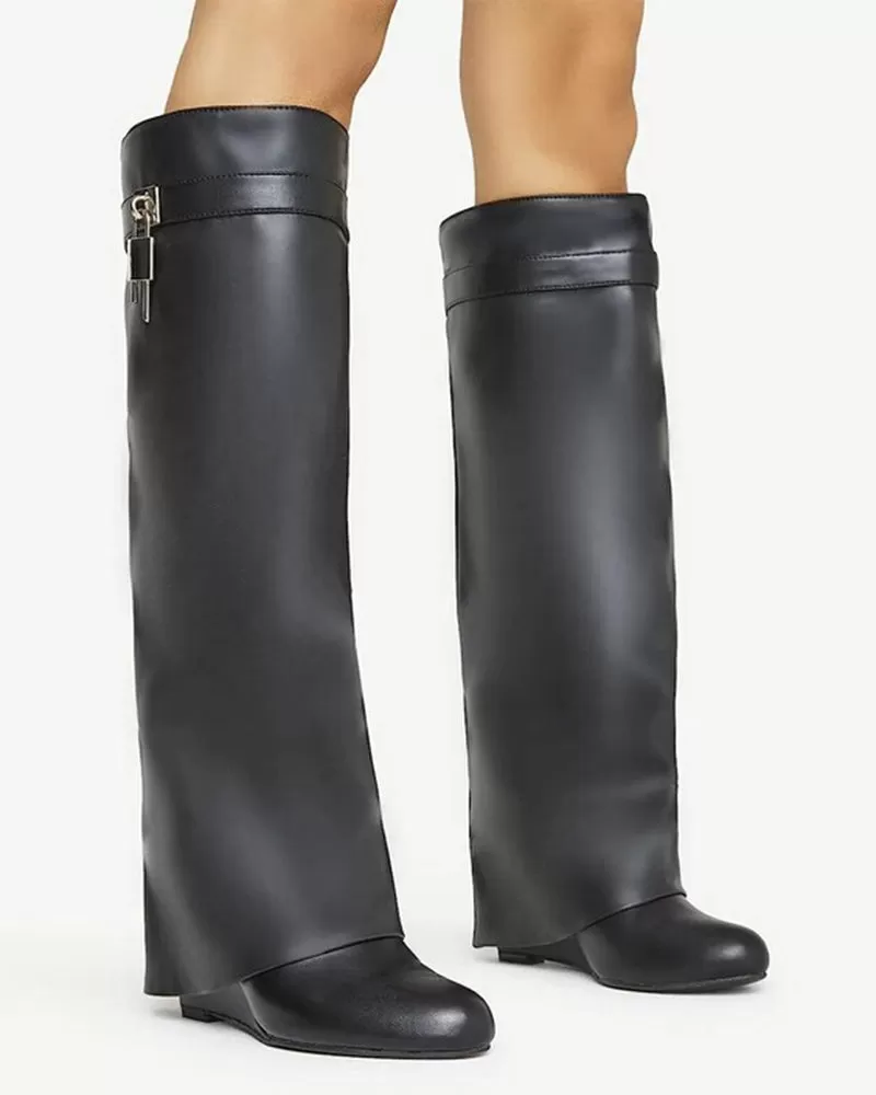 Decorative Lock Knee High Fold Over Boots