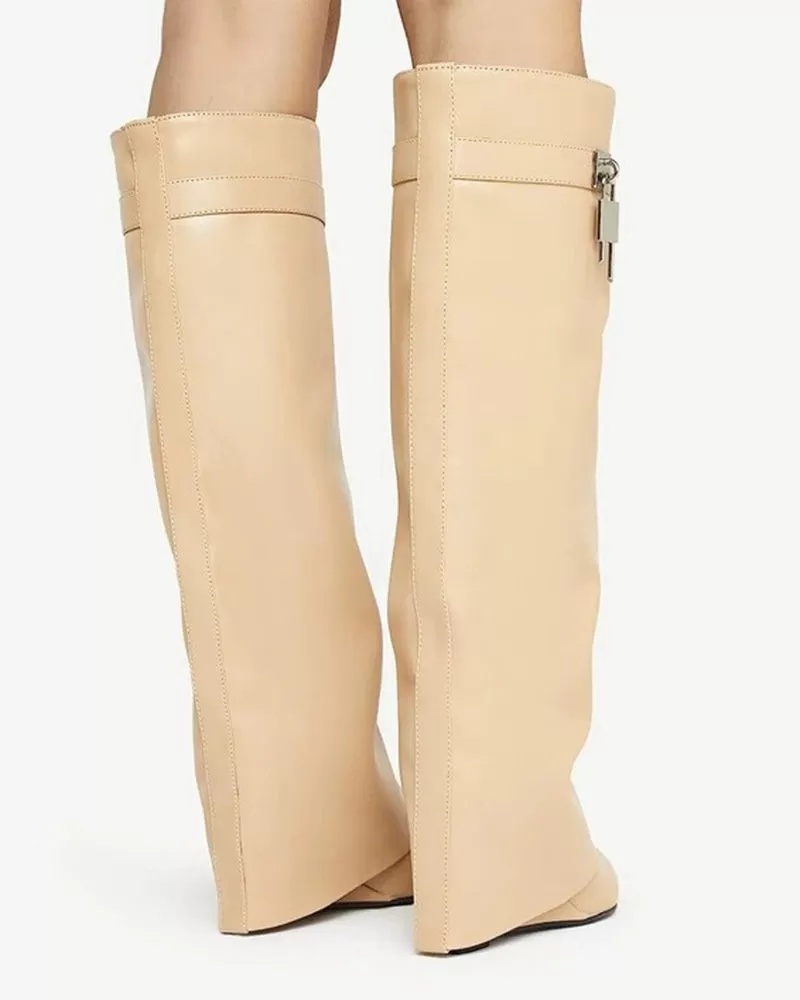 Decorative Lock Knee High Fold Over Boots