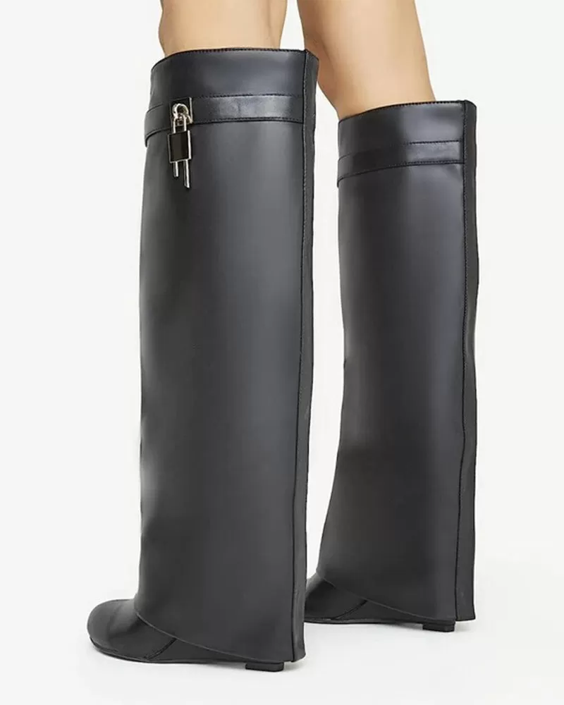 Decorative Lock Knee High Fold Over Boots