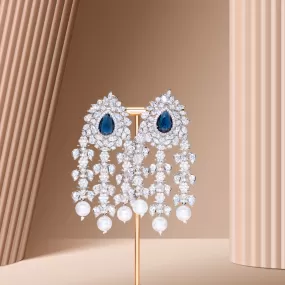 Dia Statement Waterfall Pearl Earrings Sapphire & White Gold By Jaipur Rose Luxury Indian Jewelry Online