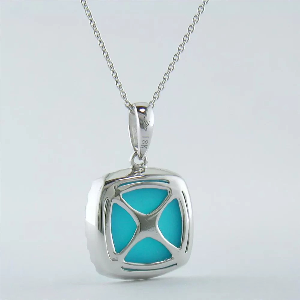 Doves St. Barth's Blue Turquoise & Diamond Cushion White Gold Pendant Necklace