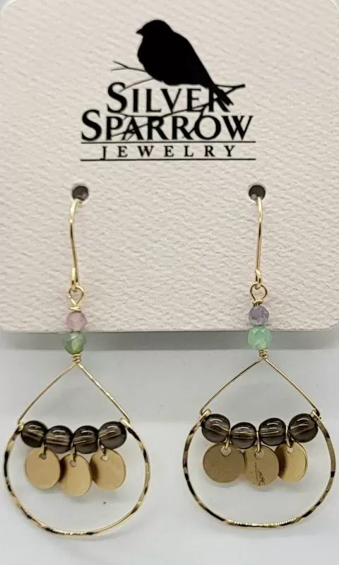 Earrings, Gold-Filled Hoop w-Smokey Quartz, Chryoprase & Pink Opal