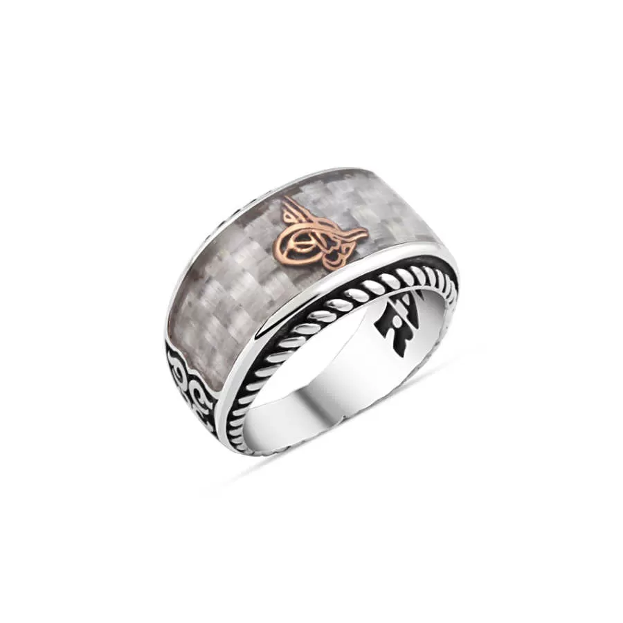 Enameled Ottoman Tughra on Carbon Grey Ovoid Silver Men's Ring with Braid Pattern