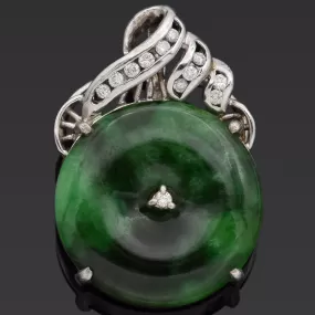 Estate Platinum Green Jade & Diamond Round Donut Disc Pendant