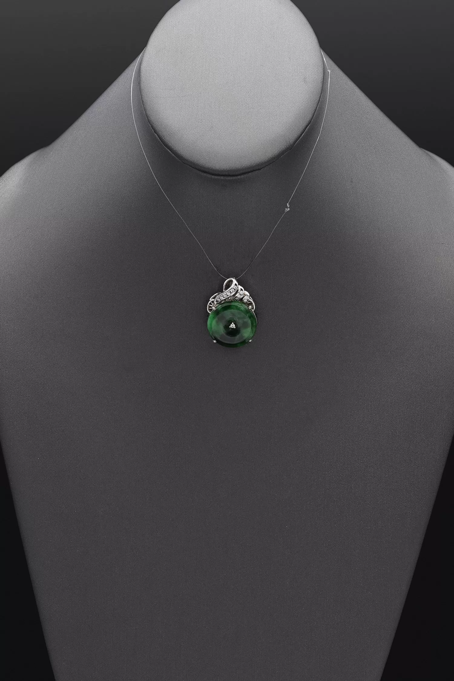 Estate Platinum Green Jade & Diamond Round Donut Disc Pendant