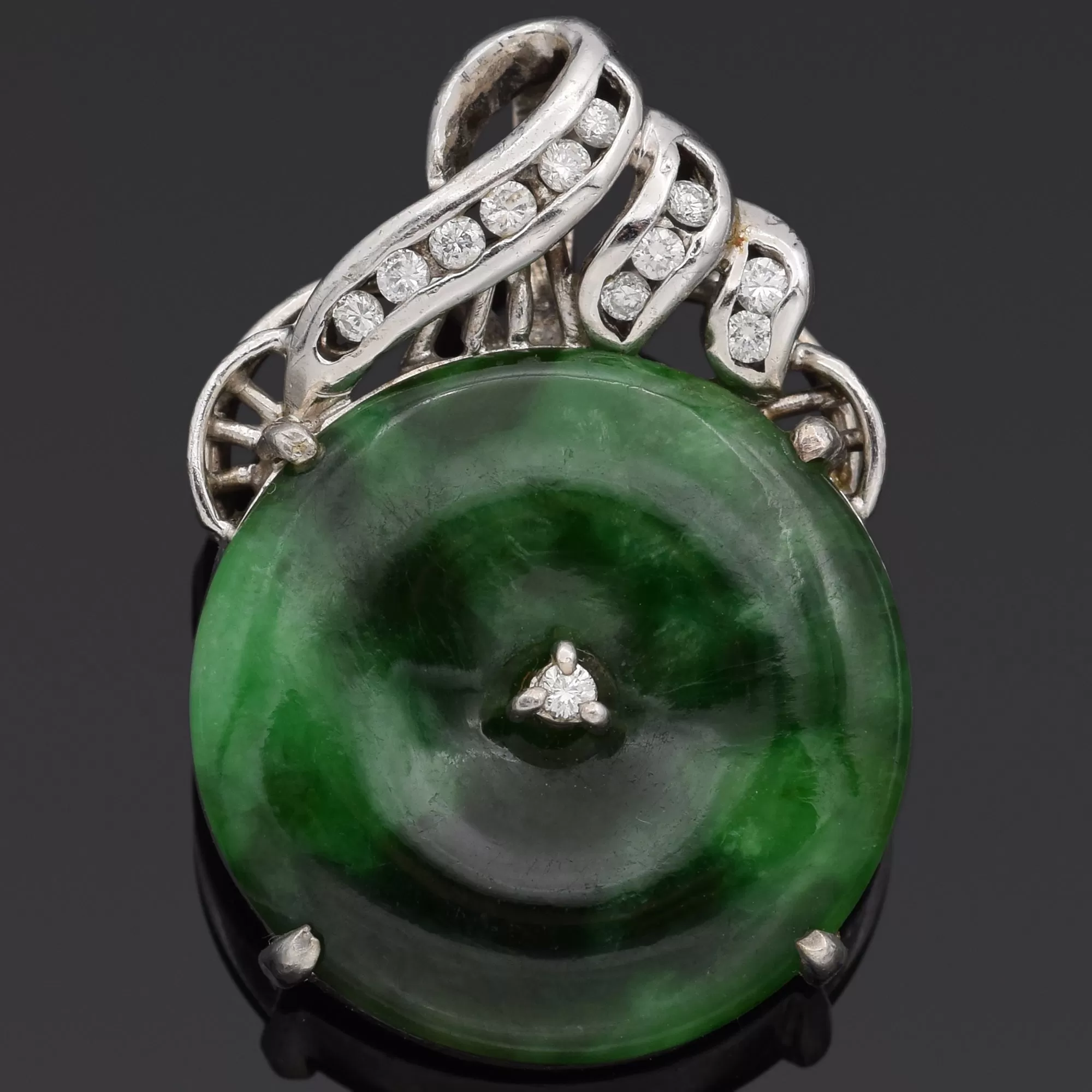 Estate Platinum Green Jade & Diamond Round Donut Disc Pendant