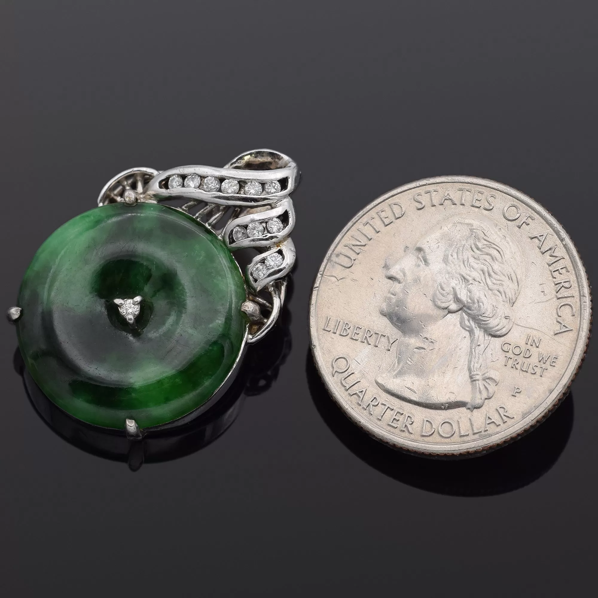 Estate Platinum Green Jade & Diamond Round Donut Disc Pendant