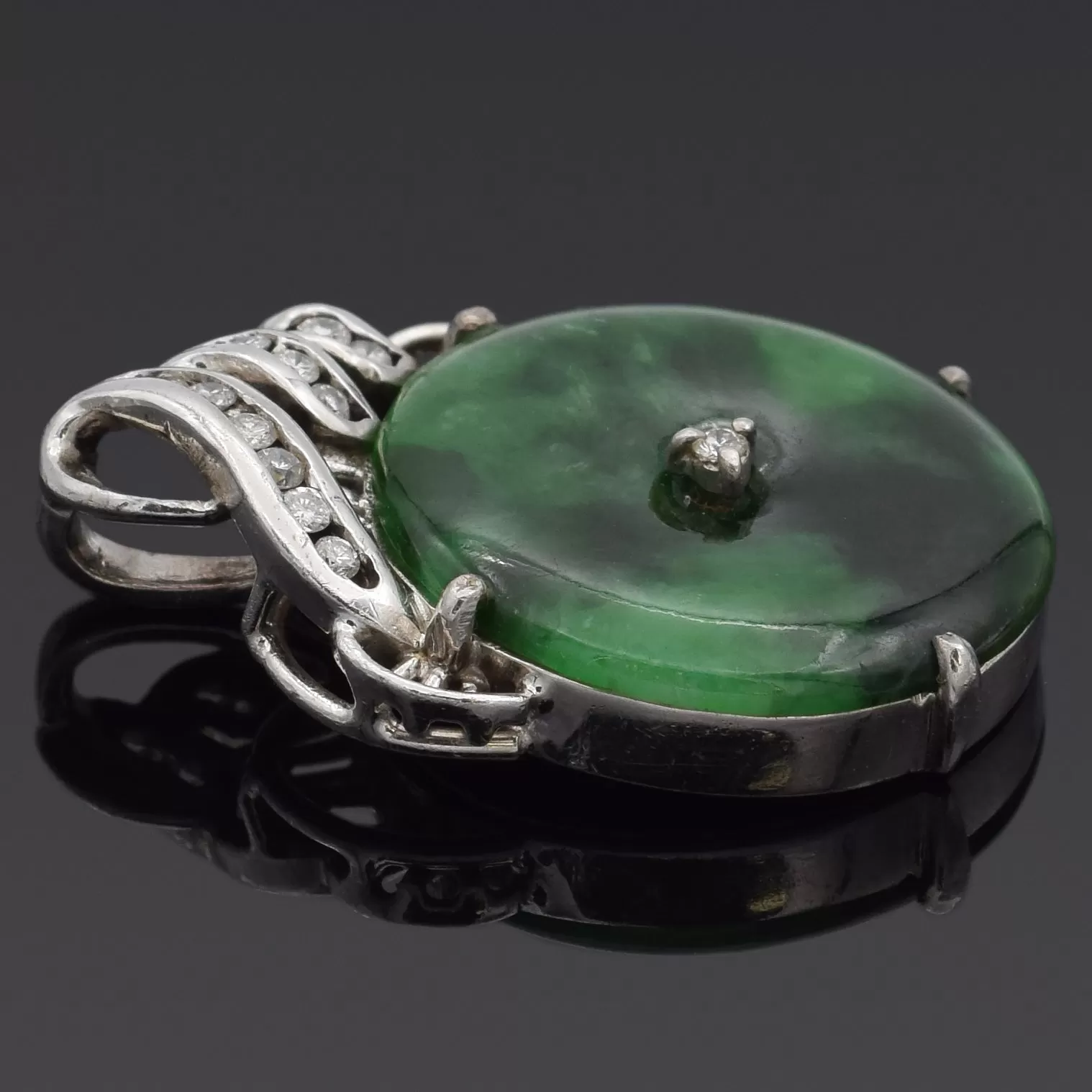 Estate Platinum Green Jade & Diamond Round Donut Disc Pendant