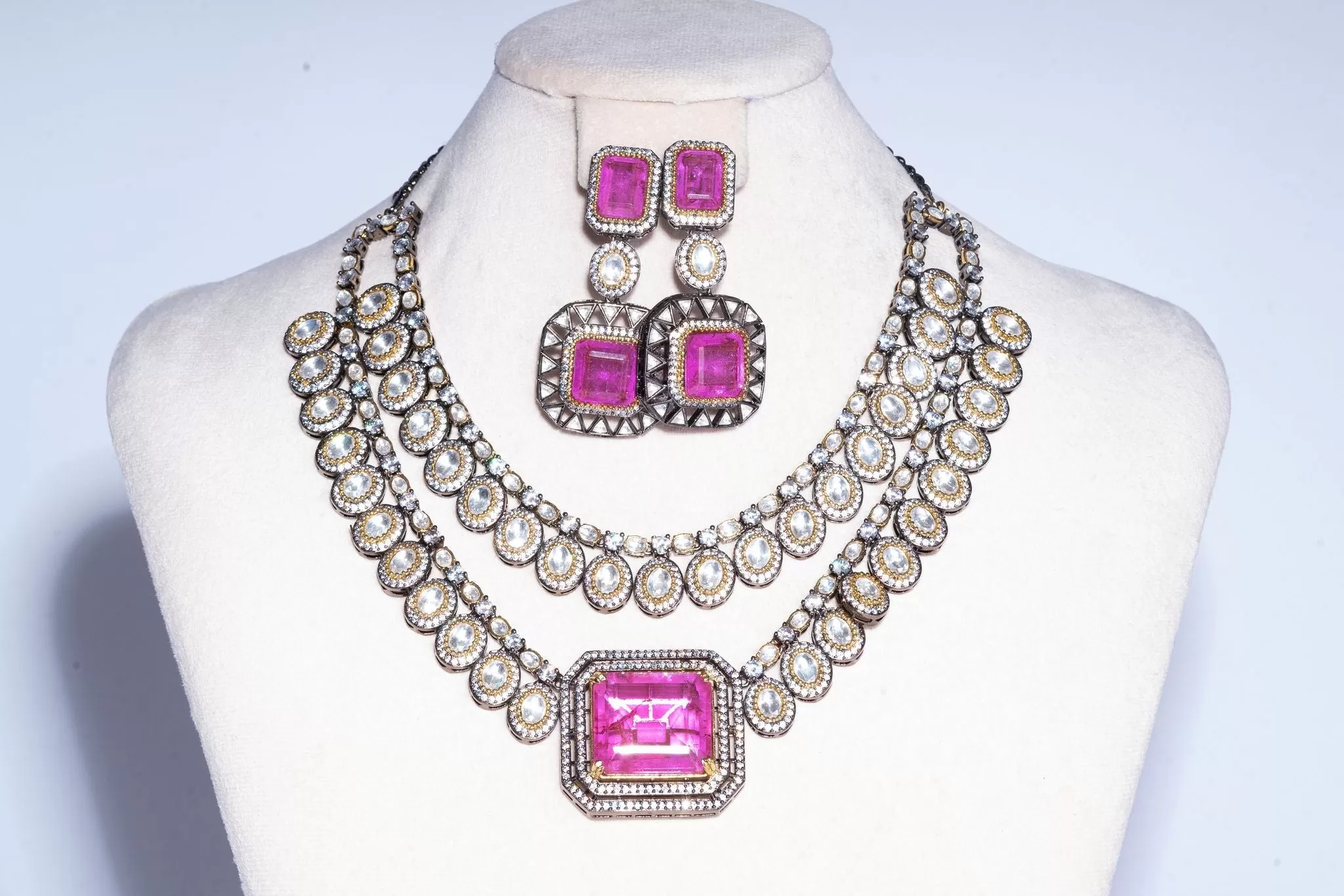 Ezna Statement Modern Rani Pink Doublet Necklace & Earring Set By Jaipur Rose Luxury Indian Jewelry Online