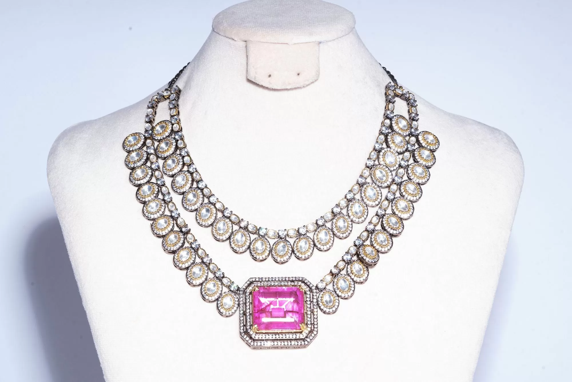 Ezna Statement Modern Rani Pink Doublet Necklace & Earring Set By Jaipur Rose Luxury Indian Jewelry Online