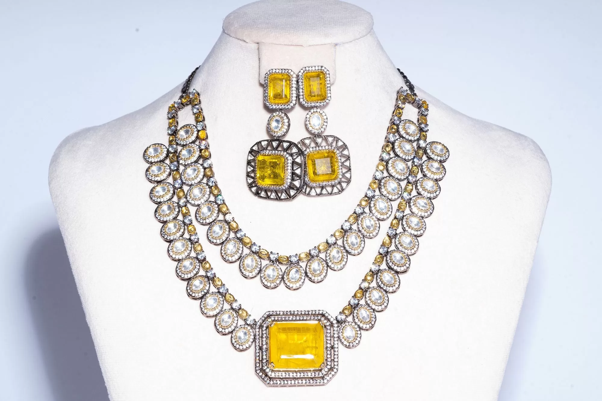 Ezna Statement Modern Yellow Citrine Doublet Necklace & Earring Set By Jaipur Rose Luxury Indian Jewelry Online