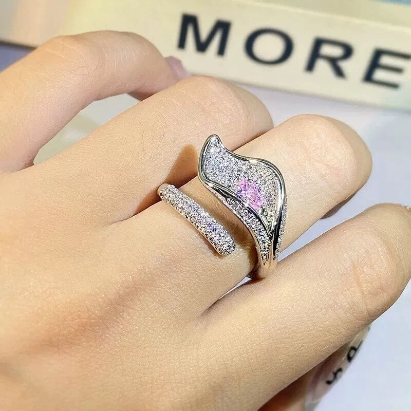 Fashion Micro-encrusted Pink Sapphire Diamond Leaf Ring