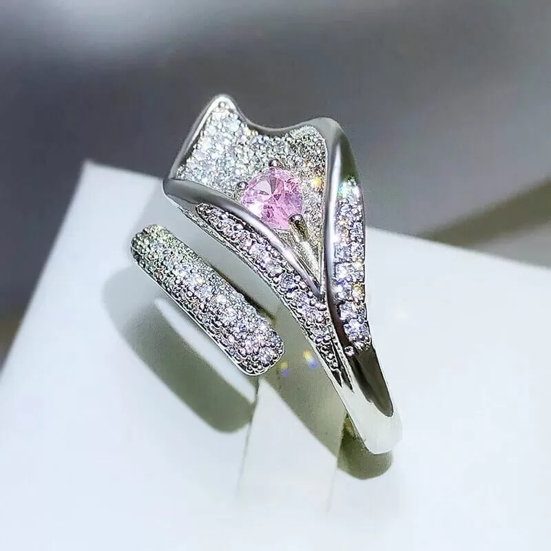 Fashion Micro-encrusted Pink Sapphire Diamond Leaf Ring