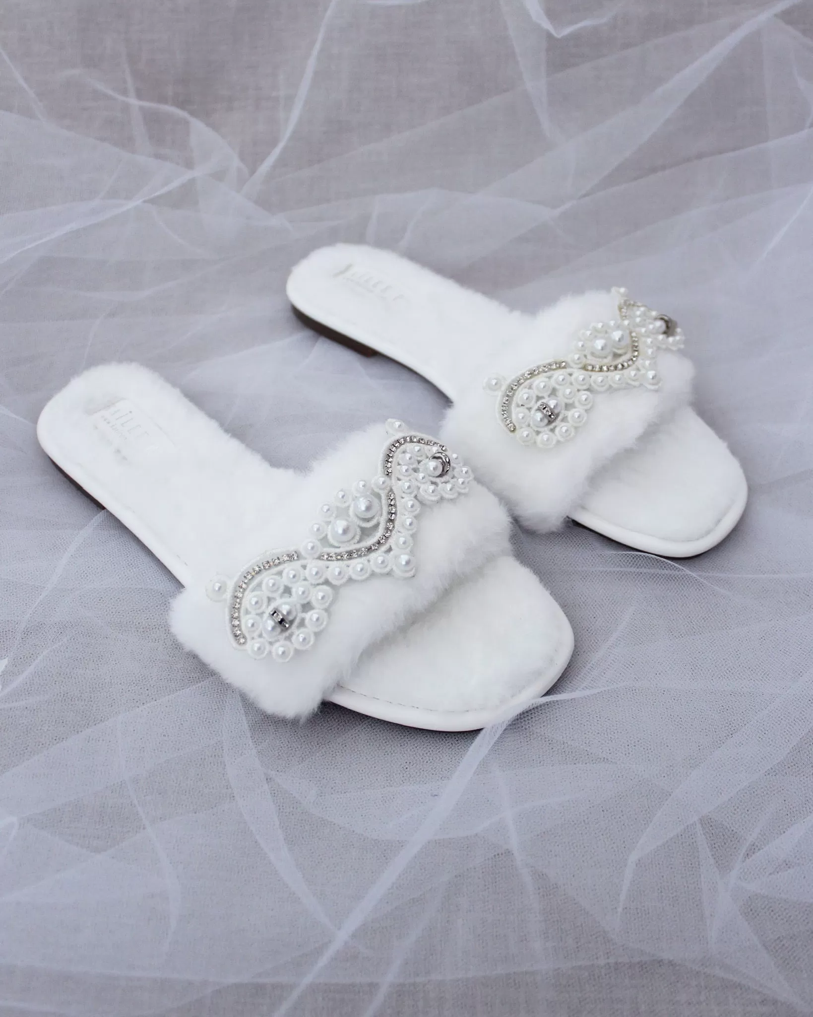 Faux Fur Slide Flat Sandals with Small Pearls Applique