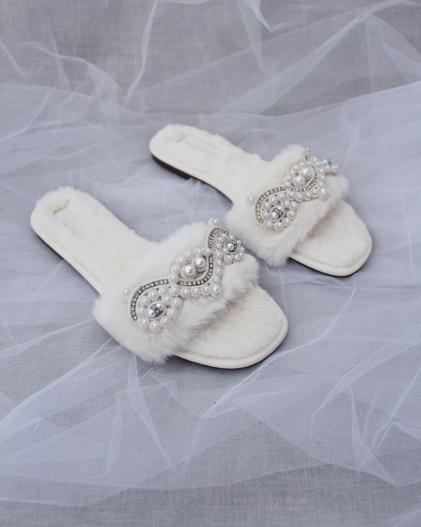 Faux Fur Slide Flat Sandals with Small Pearls Applique