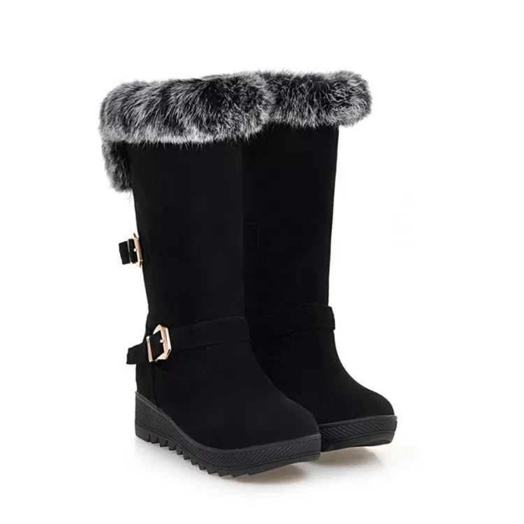 Fur Buckle Mid Calf Boots Wedge Heel 9014