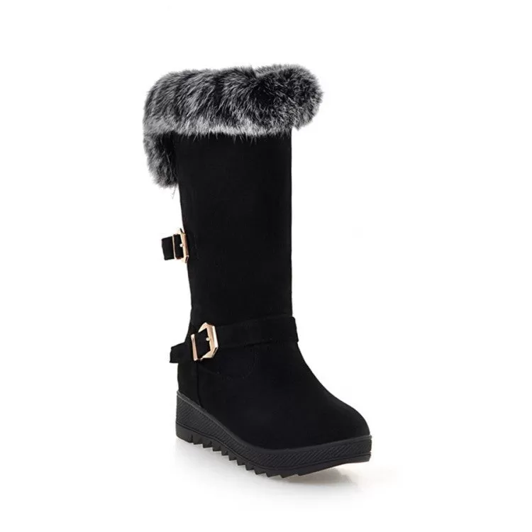 Fur Buckle Mid Calf Boots Wedge Heel 9014