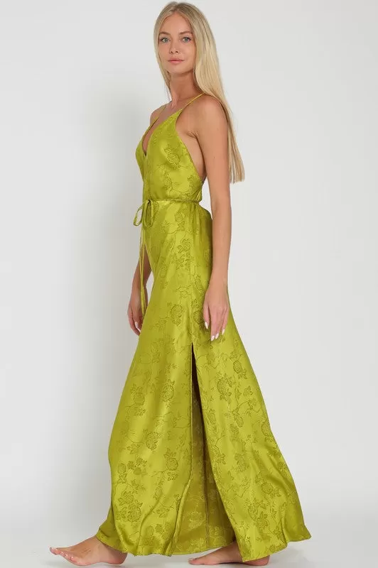 Genevieve Jacquard Satin Bias Cut Slip Maxi Dress - Peridot