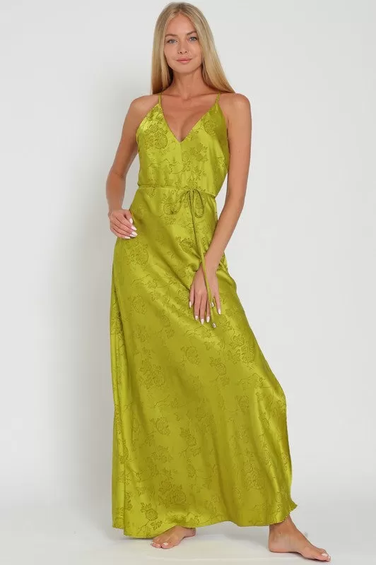 Genevieve Jacquard Satin Bias Cut Slip Maxi Dress - Peridot