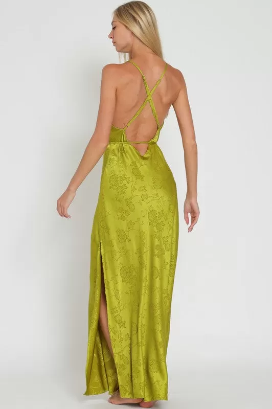 Genevieve Jacquard Satin Bias Cut Slip Maxi Dress - Peridot