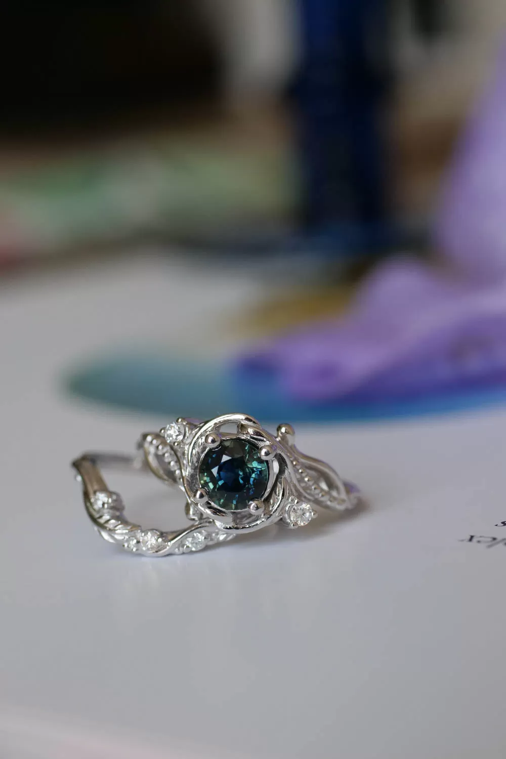 Genuine teal sapphire engagement ring set, white gold bridal ring set with sapphire and diamonds / Undina