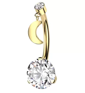 Gold PVD Clear CZ Dangle Half Moon Titanium Threadless Belly Button Ring