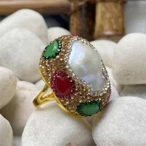 Hand-pointed Diamond Wrapping Ruby and Emerald Freshwater Pearl Ring