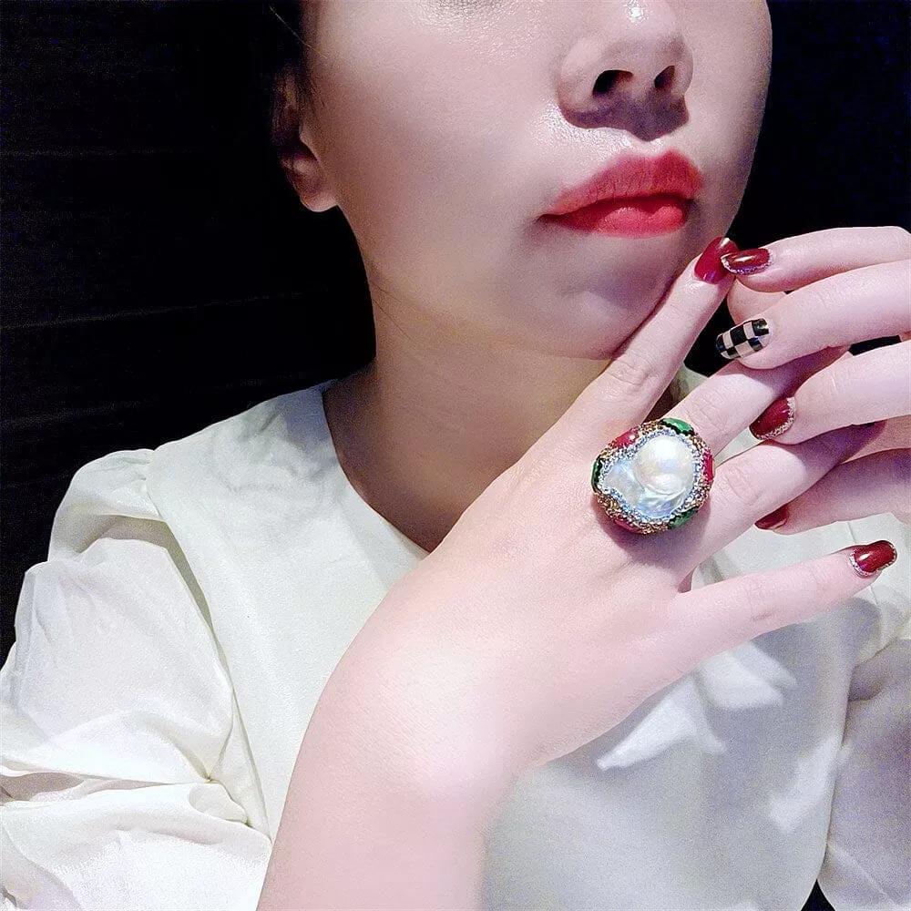 Hand-pointed Diamond Wrapping Ruby and Emerald Freshwater Pearl Ring