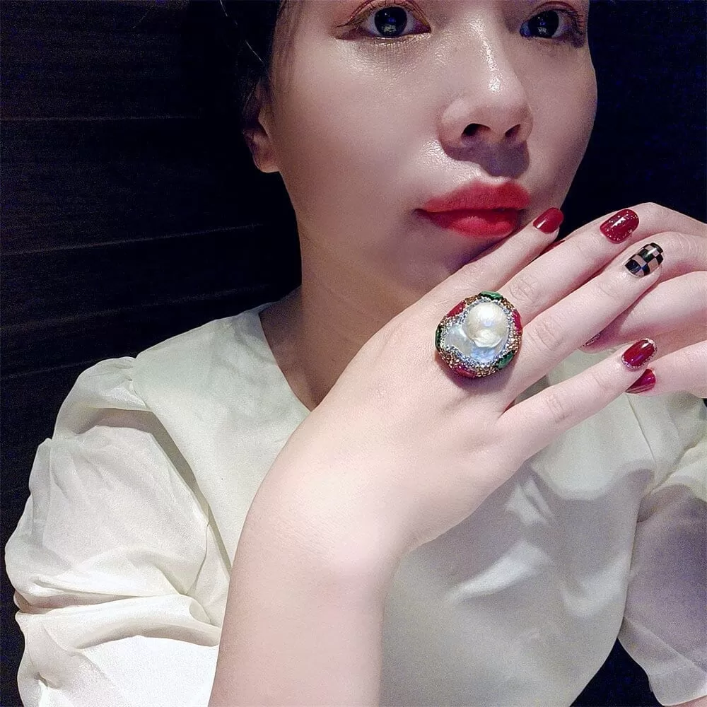 Hand-pointed Diamond Wrapping Ruby and Emerald Freshwater Pearl Ring