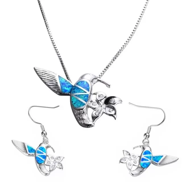 Hummingbird Fire Opal and Flower Necklace & Earrings Trendy Fashion Jewelry Set