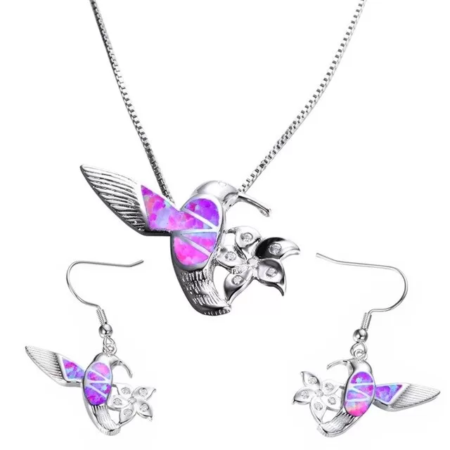 Hummingbird Fire Opal and Flower Necklace & Earrings Trendy Fashion Jewelry Set