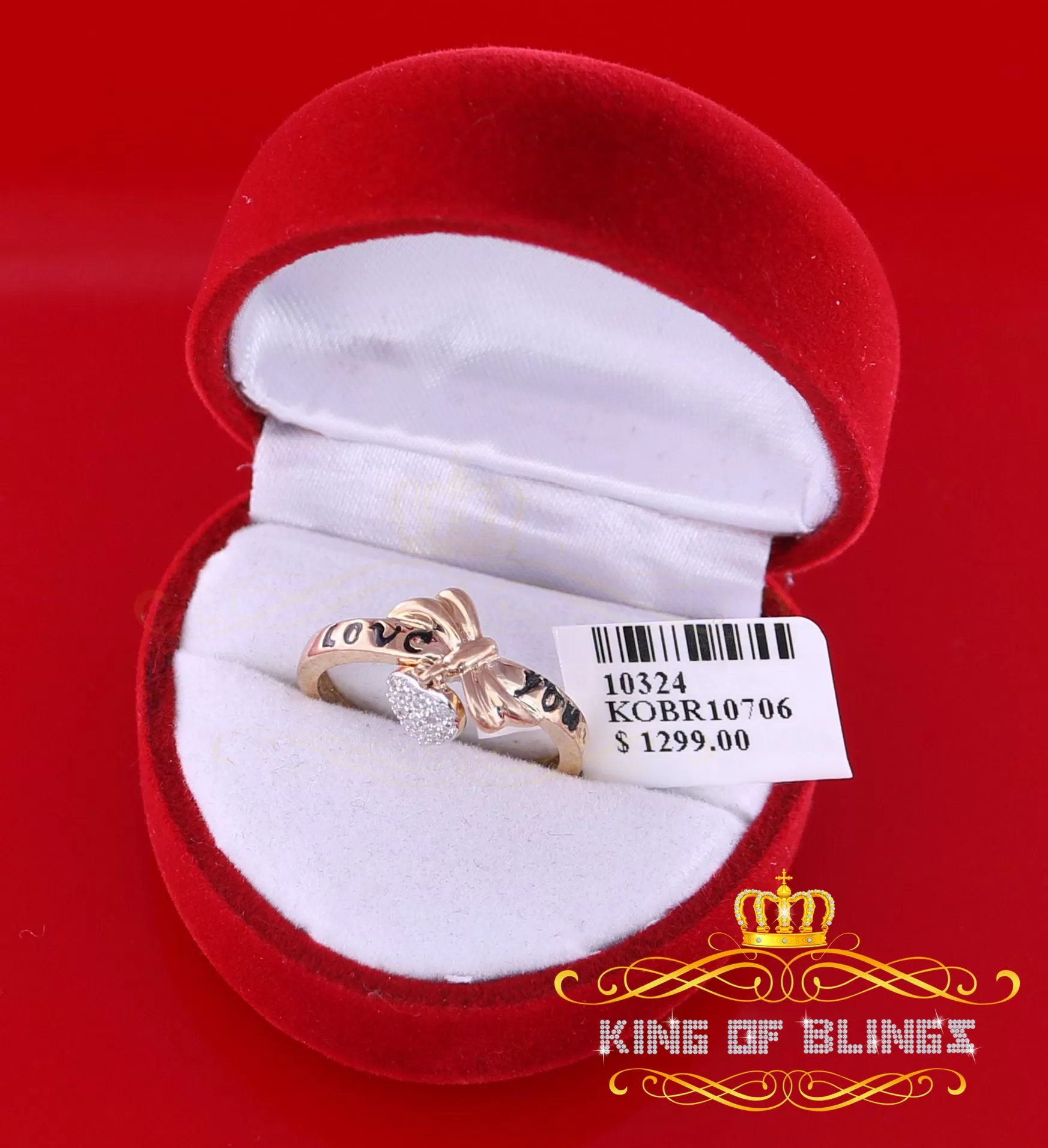 King of Bling's  Real 0.05ct Diamond Real 10kt Yellow Gold Fancy LOVE YOU HEART Charm Ring Size 7