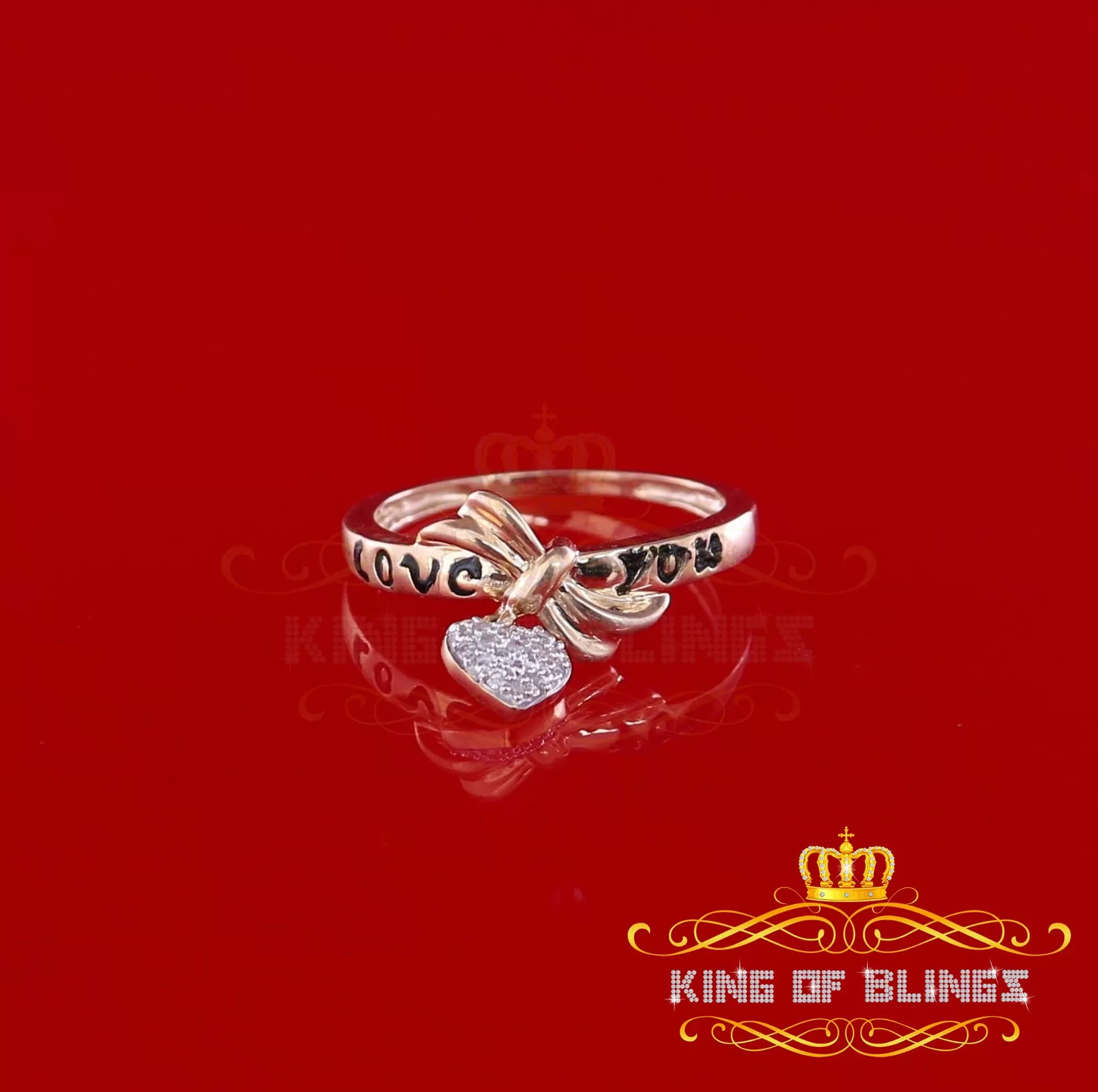 King of Bling's  Real 0.05ct Diamond Real 10kt Yellow Gold Fancy LOVE YOU HEART Charm Ring Size 7