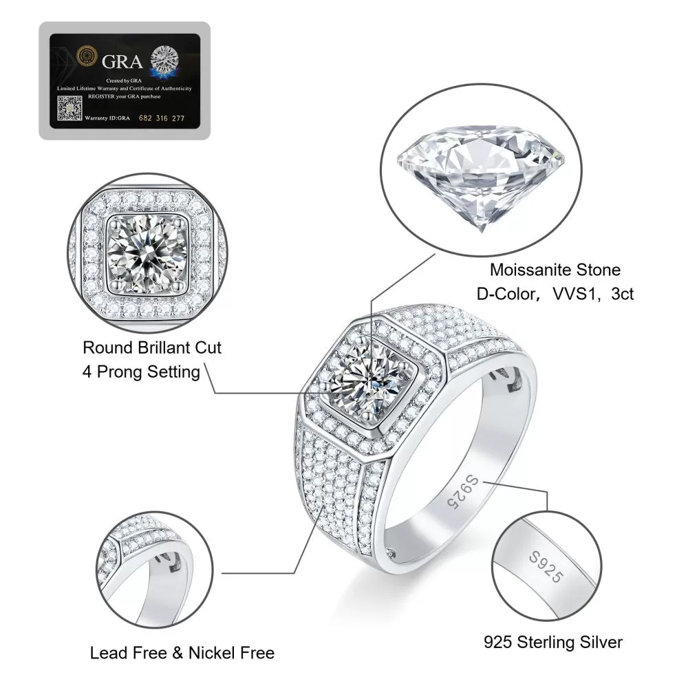 KRKC&CO 3.0 Carats VVS1 Moissanite Men Ring