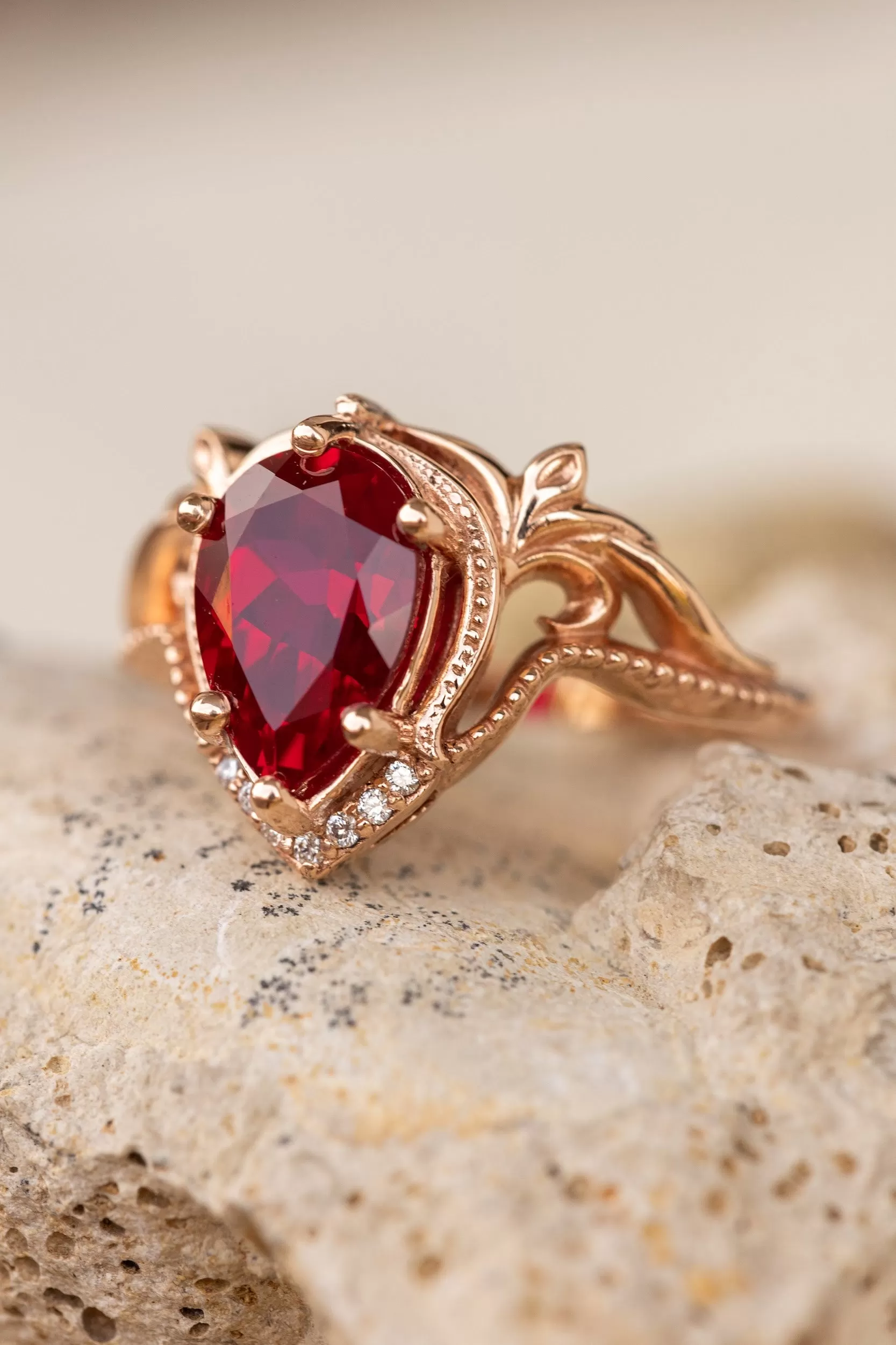 Lab ruby and diamonds engagement ring, big pear shape gemstone promise ring  / Lida