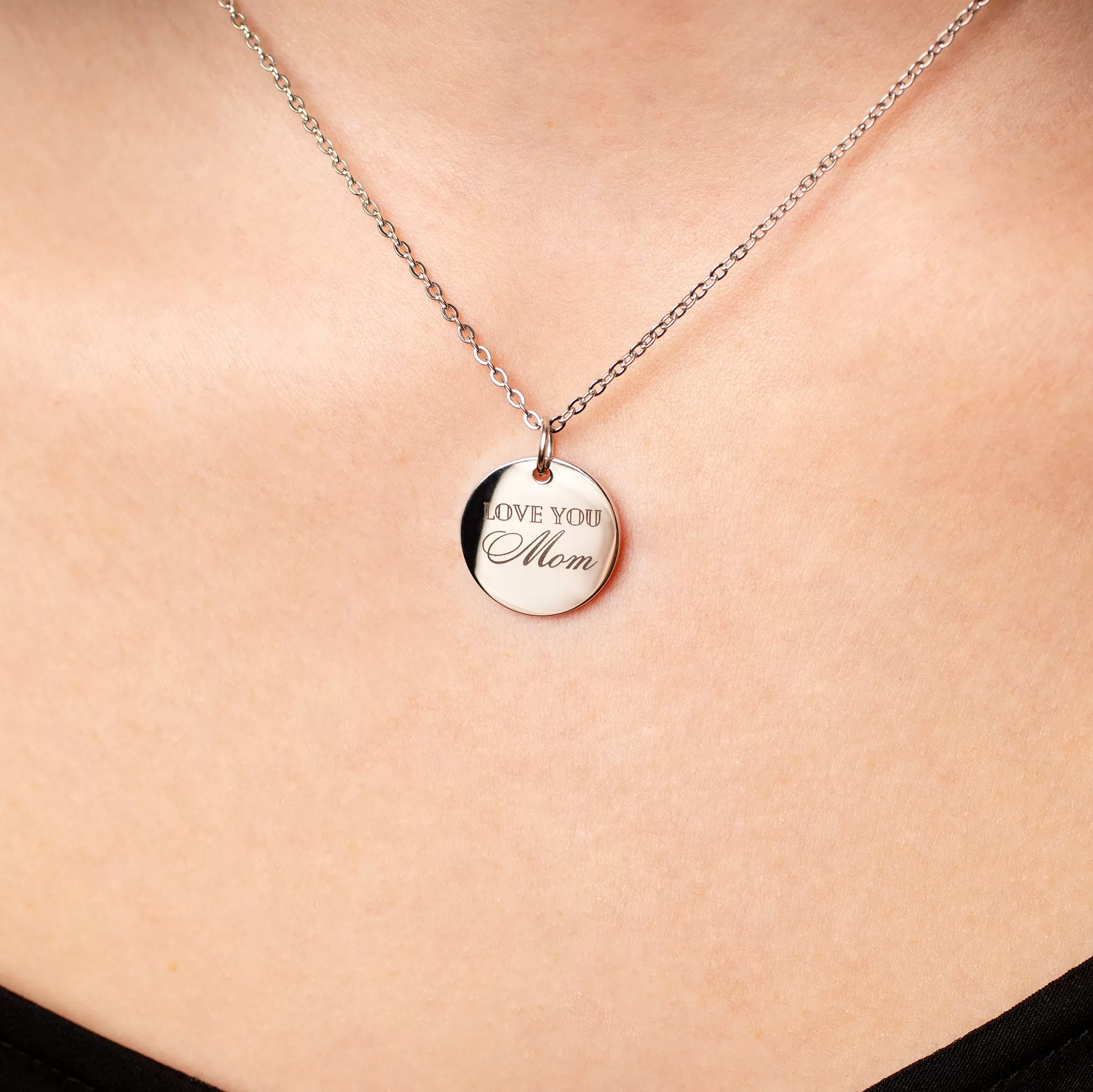 Love You Mom Engraved Script Pendant Necklace