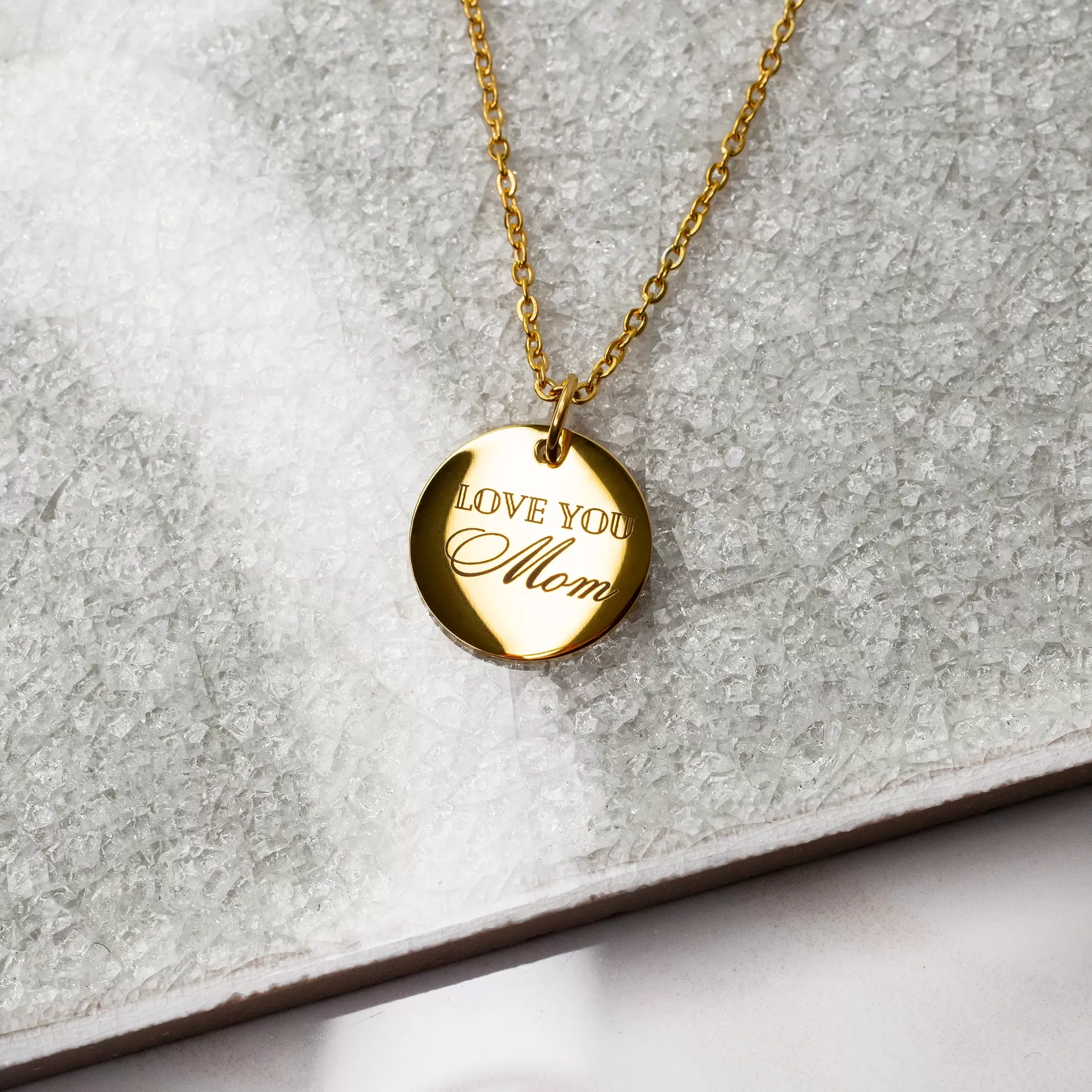 Love You Mom Engraved Script Pendant Necklace