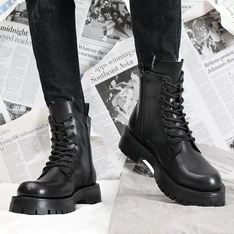 Men's Casual Shoes QS347 - Black Leather Thick Ankle Boots