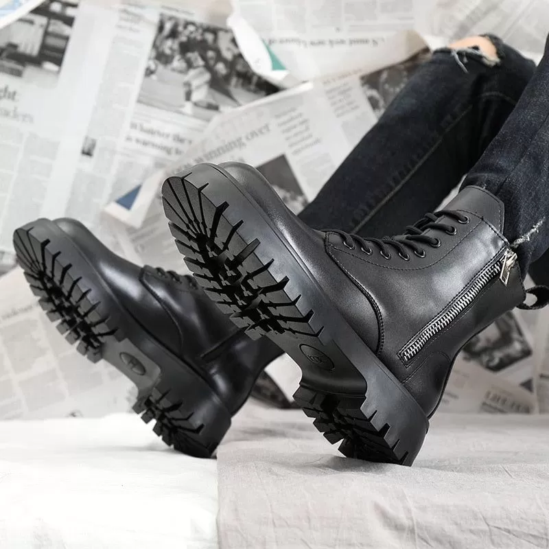 Men's Casual Shoes QS347 - Black Leather Thick Ankle Boots