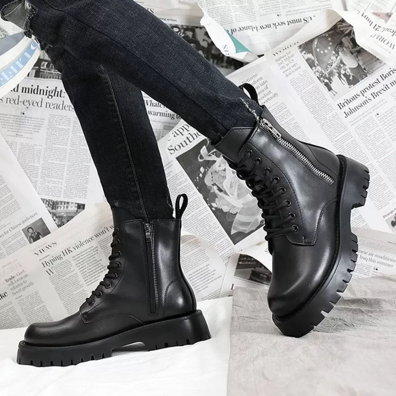 Men's Casual Shoes QS347 - Black Leather Thick Ankle Boots