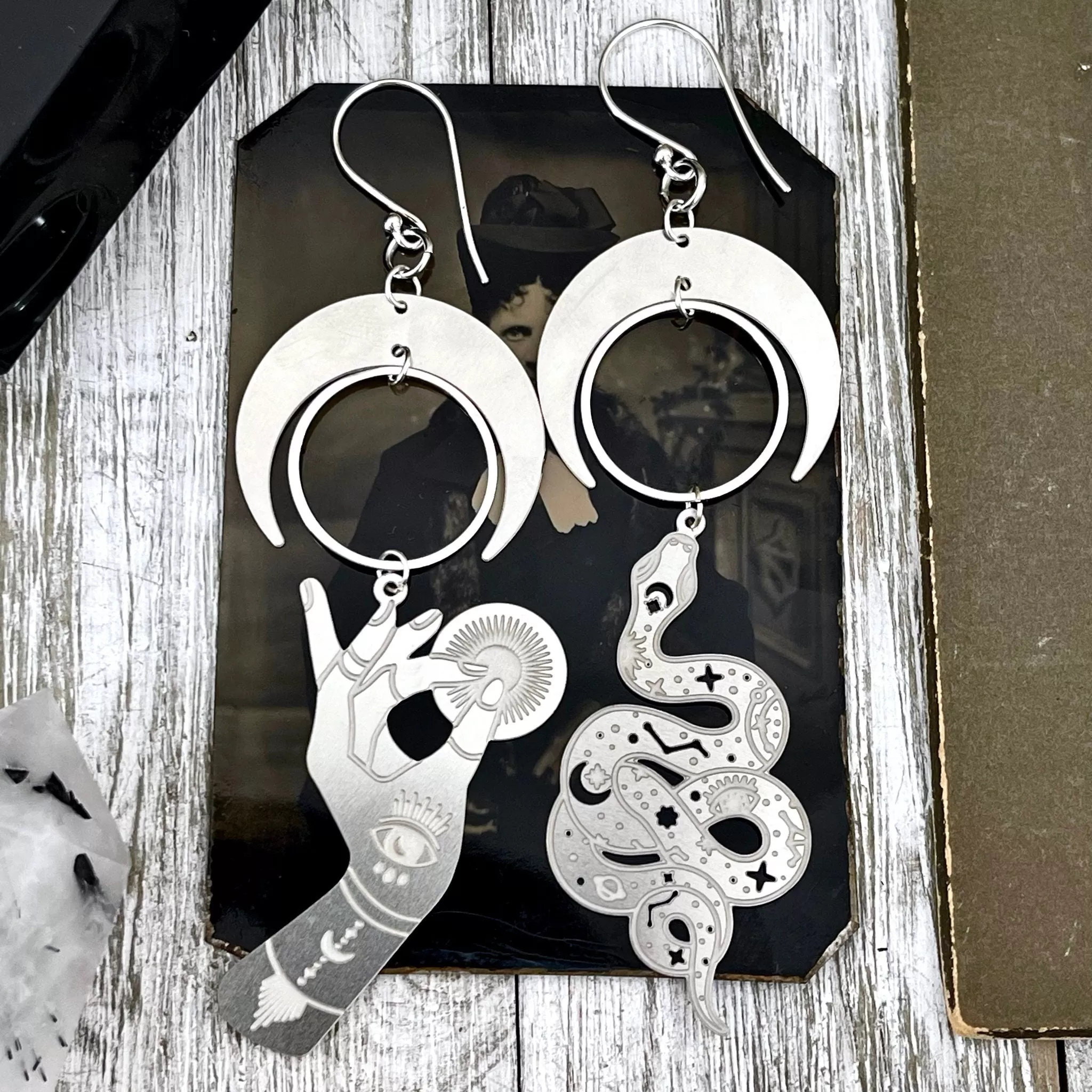 Mismatched Snake and Crescent Moon All Seeing Eye Hand Earrings Sterling Silver & Stainless Steel Earrings / Witchy Earrings  Gothic Jewelry