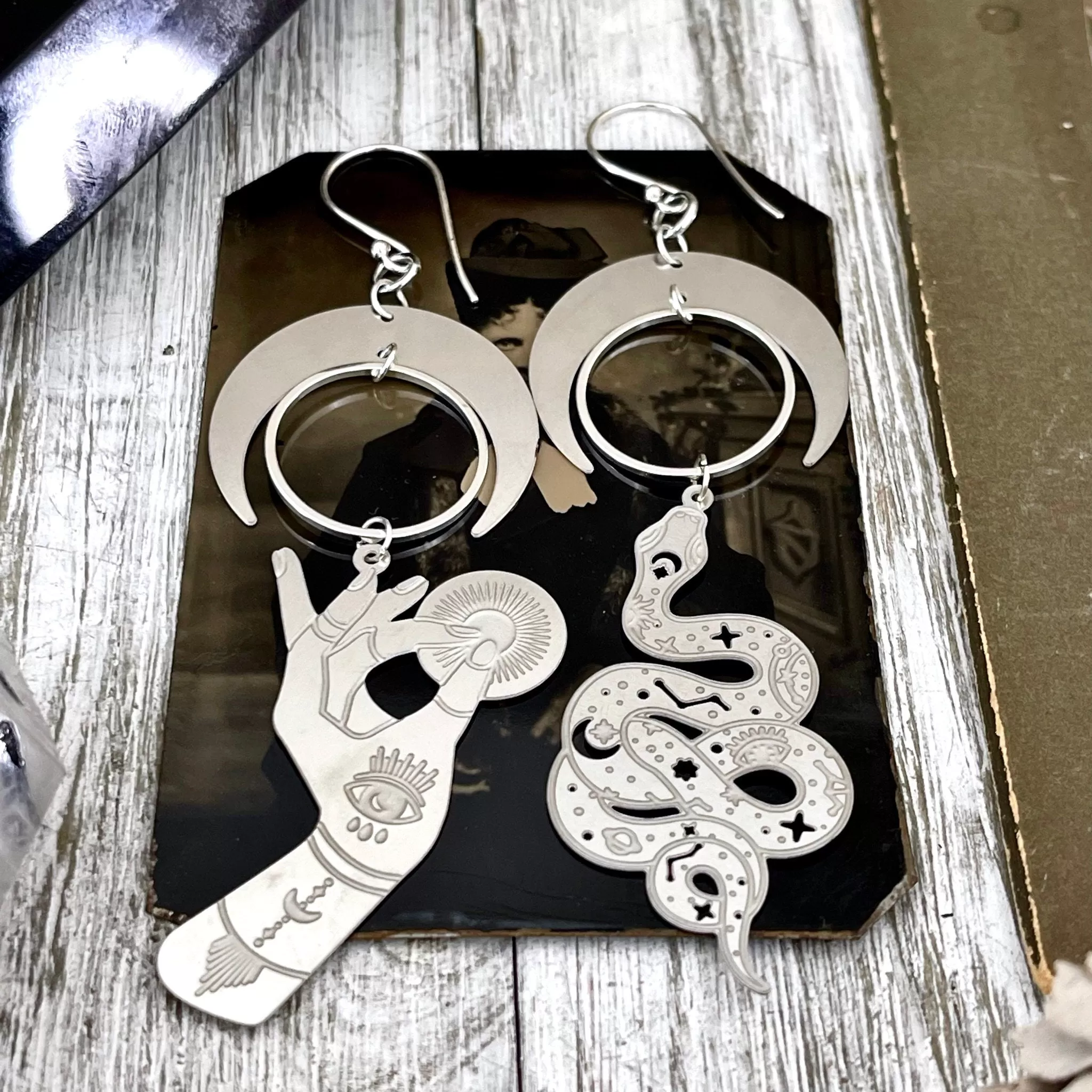 Mismatched Snake and Crescent Moon All Seeing Eye Hand Earrings Sterling Silver & Stainless Steel Earrings / Witchy Earrings  Gothic Jewelry